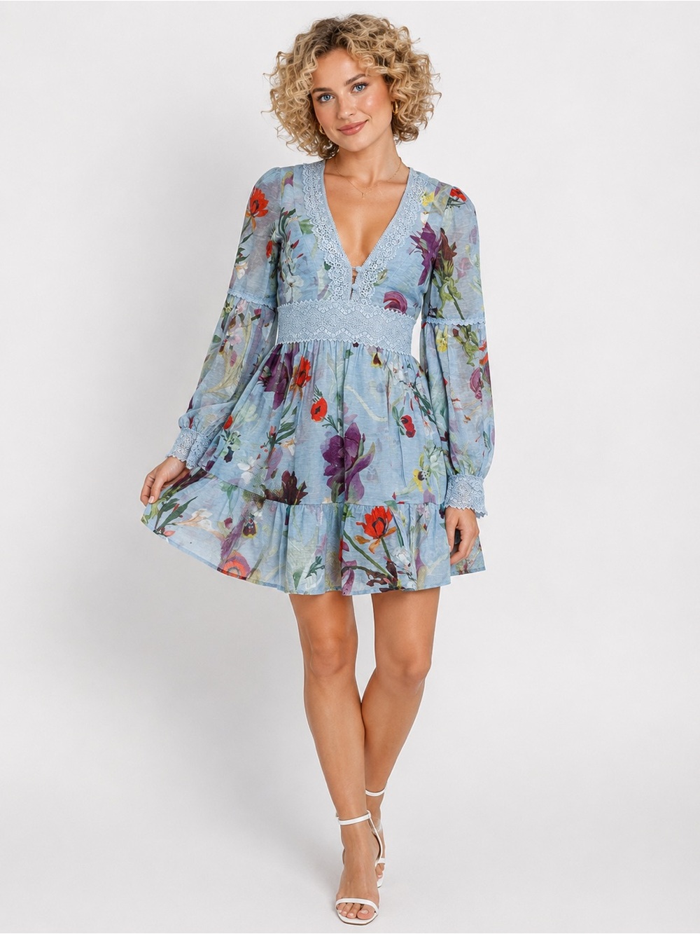 PATBO LILY FLOWER LONG SLEEVE PLUNGE MINI DRESS********SIZE: 0